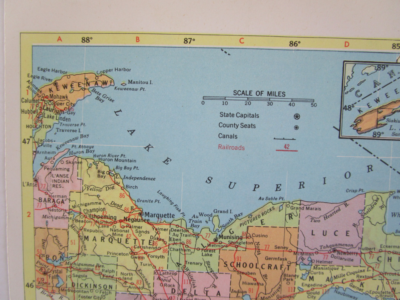 MN MI 1958 MINNESOTA RAILROAD Map DULUTH MESSABE & IRON RANGE RR ~or~ MICHIGAN