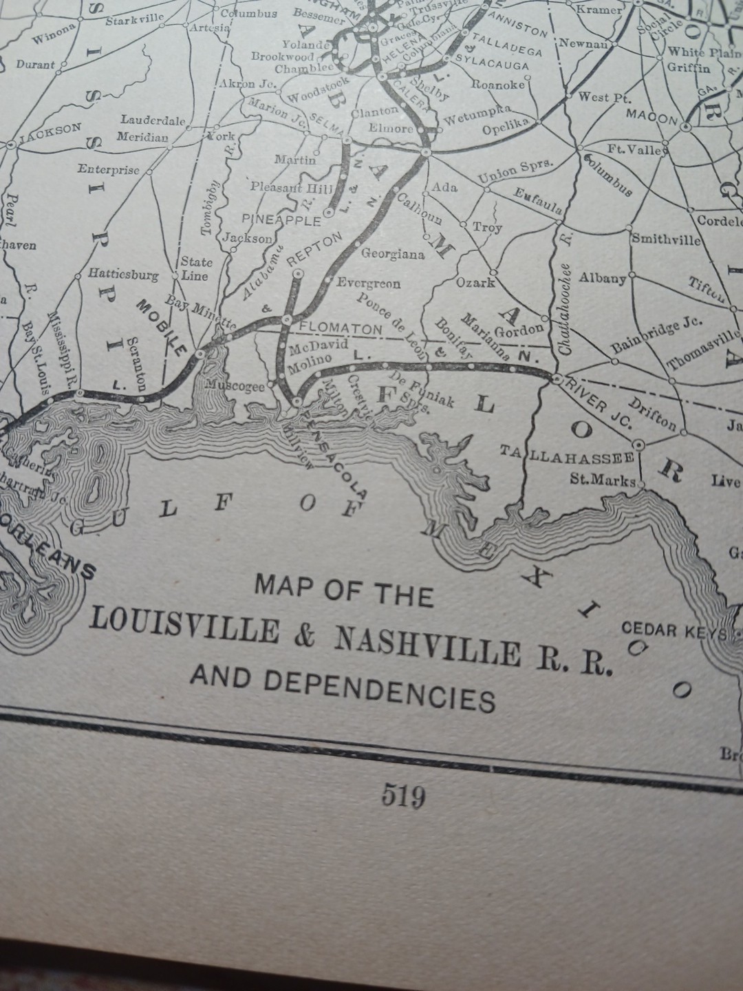 ~1895 Antique Route Map LOUISVILLE & NASHVILLE RAILROAD all Lines Stations Depot