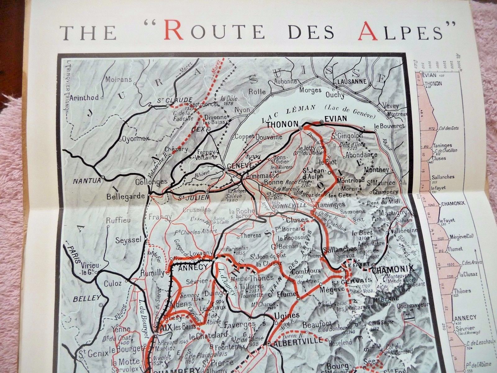 VINTAGE MAP ROUTE DES ALPS LAUSANNE EVIAN THONON NICE BARCELONNETTE FARES 1913