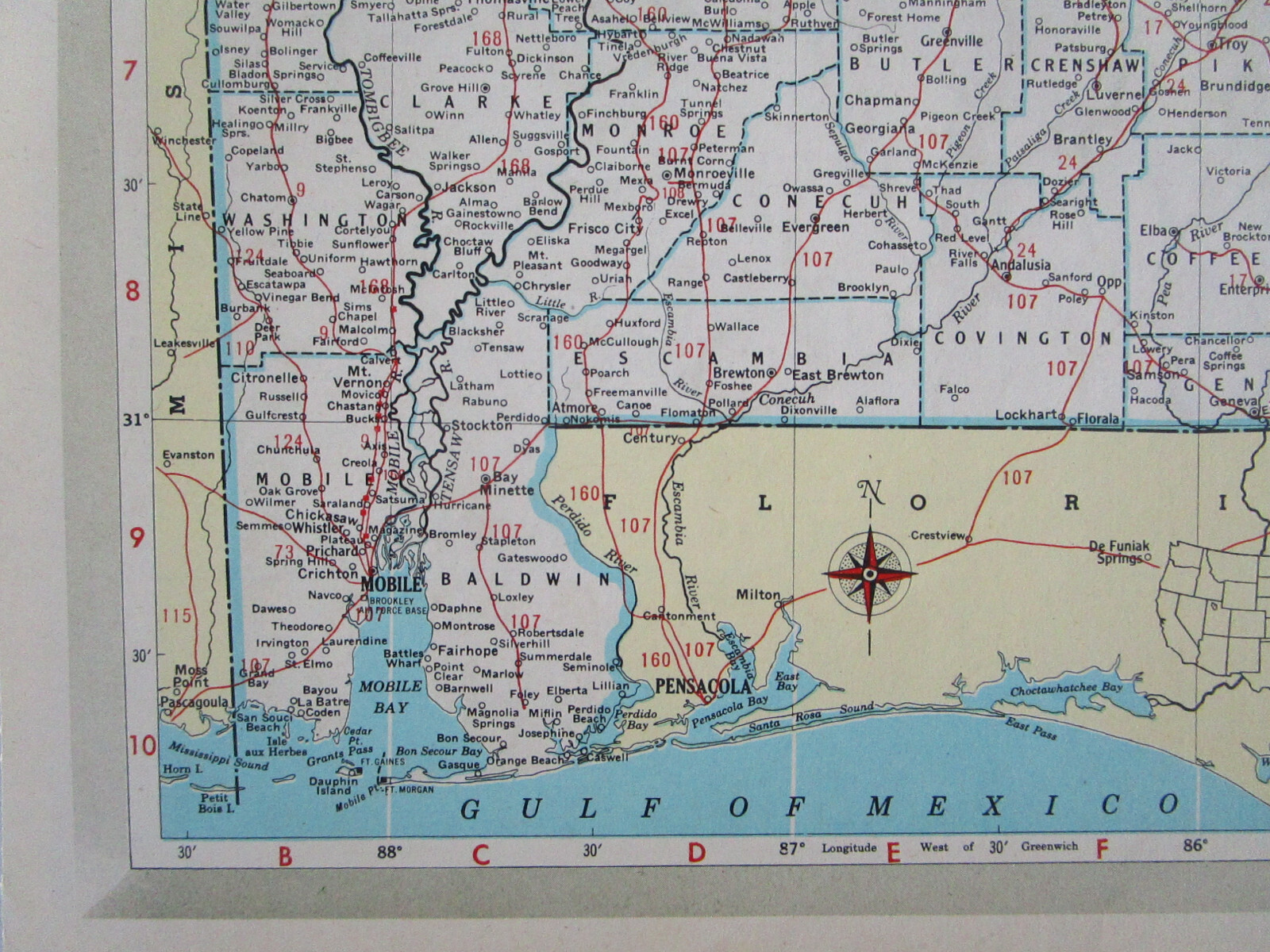AL AZ Vintage 1951 ALABAMA RAILROAD Map. MERIDIAN BIGBEE RIVER RR or ARIZONA