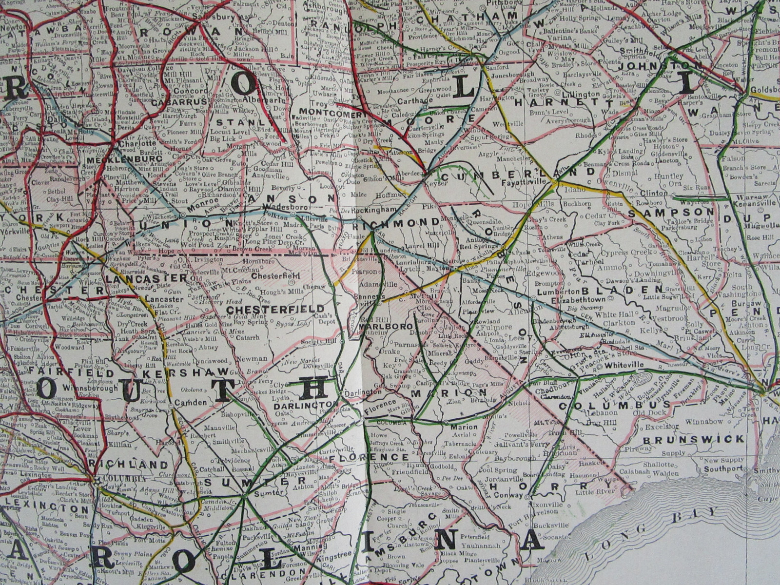 NC SC 1897 NORTH / SOUTH CAROLINA Cram RAILROAD Map. RED SPRINGS & BOWMORE RR