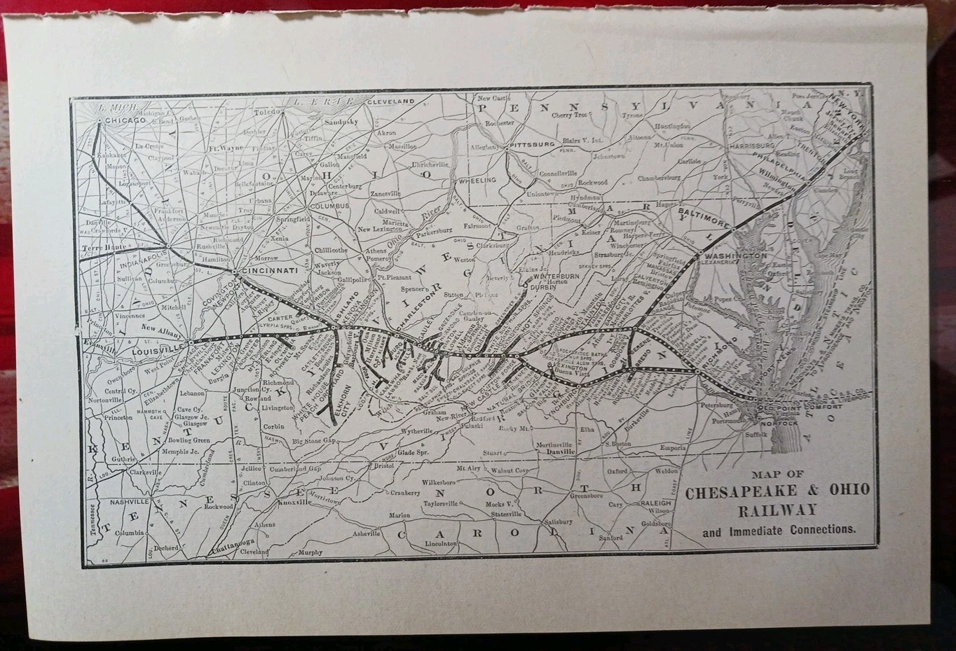 ~1910 Antique Railroad Map CHESAPEAKE & OHIO RAILWAY All Train Routes & Depots