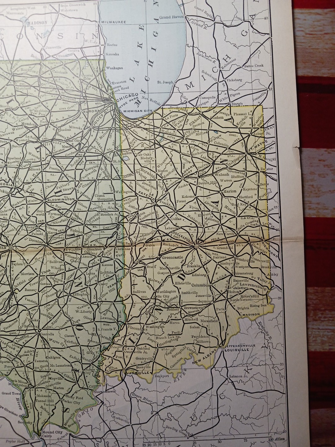 1891 Antique Railroad Map ILLINOIS & INDIANA all Train Route lines Depots 11×9″