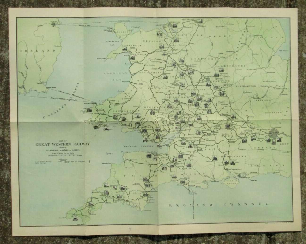 Vintage 1930’s Map of Great Western Railroad England w/ Cathedrals Castles 22×17
