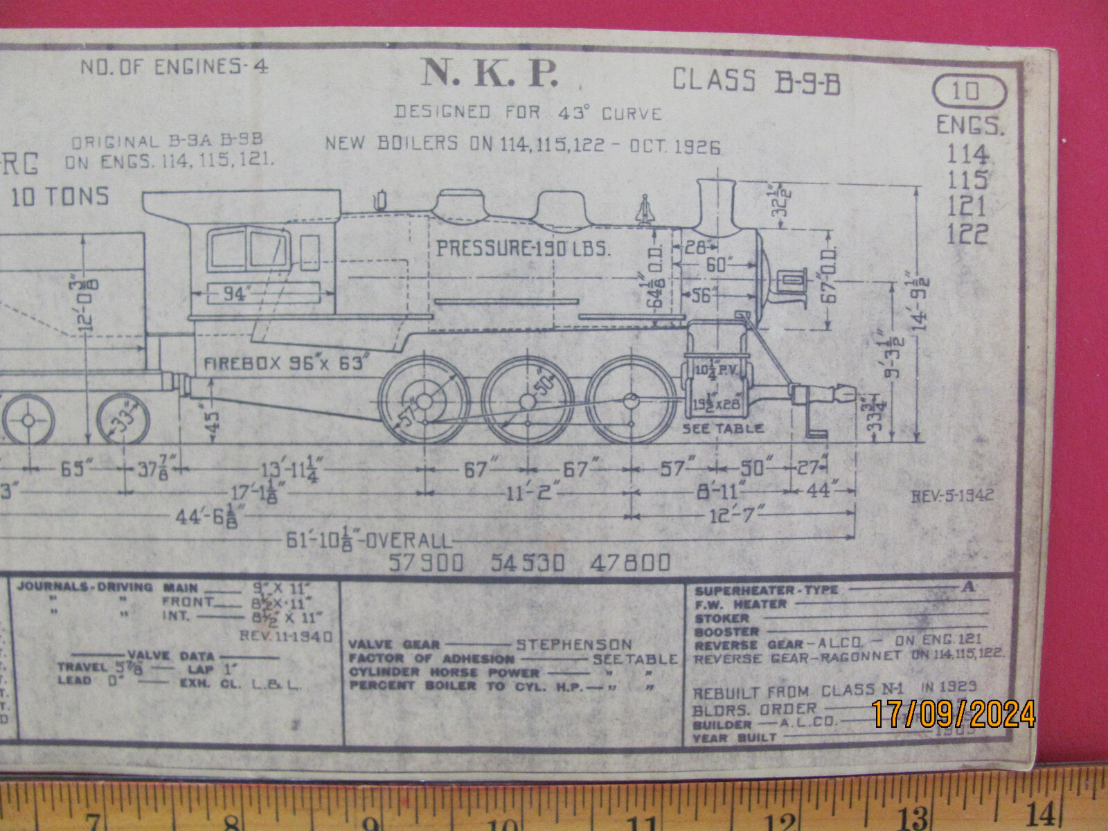 NICKLE PLATE ROAD RAILROAD ORIG 1943 DIAGRAM LOCOMOTIVE #114+ CLASS B-9B 0-6-0