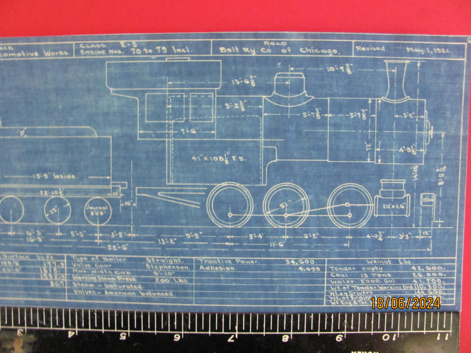 BELT RAILWAY OF CHICAGO 0-6-0 E-3 LOCOMOTIVES #70 – #79 BLUEPRINT DATA DRAWING