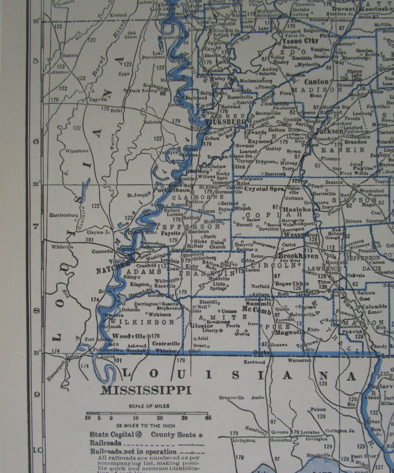 MO MS Vtg 1933 MISSOURI Map DEERING SOUTHWESTERN or MISSISSIPPI. PEARL RIVER VAL