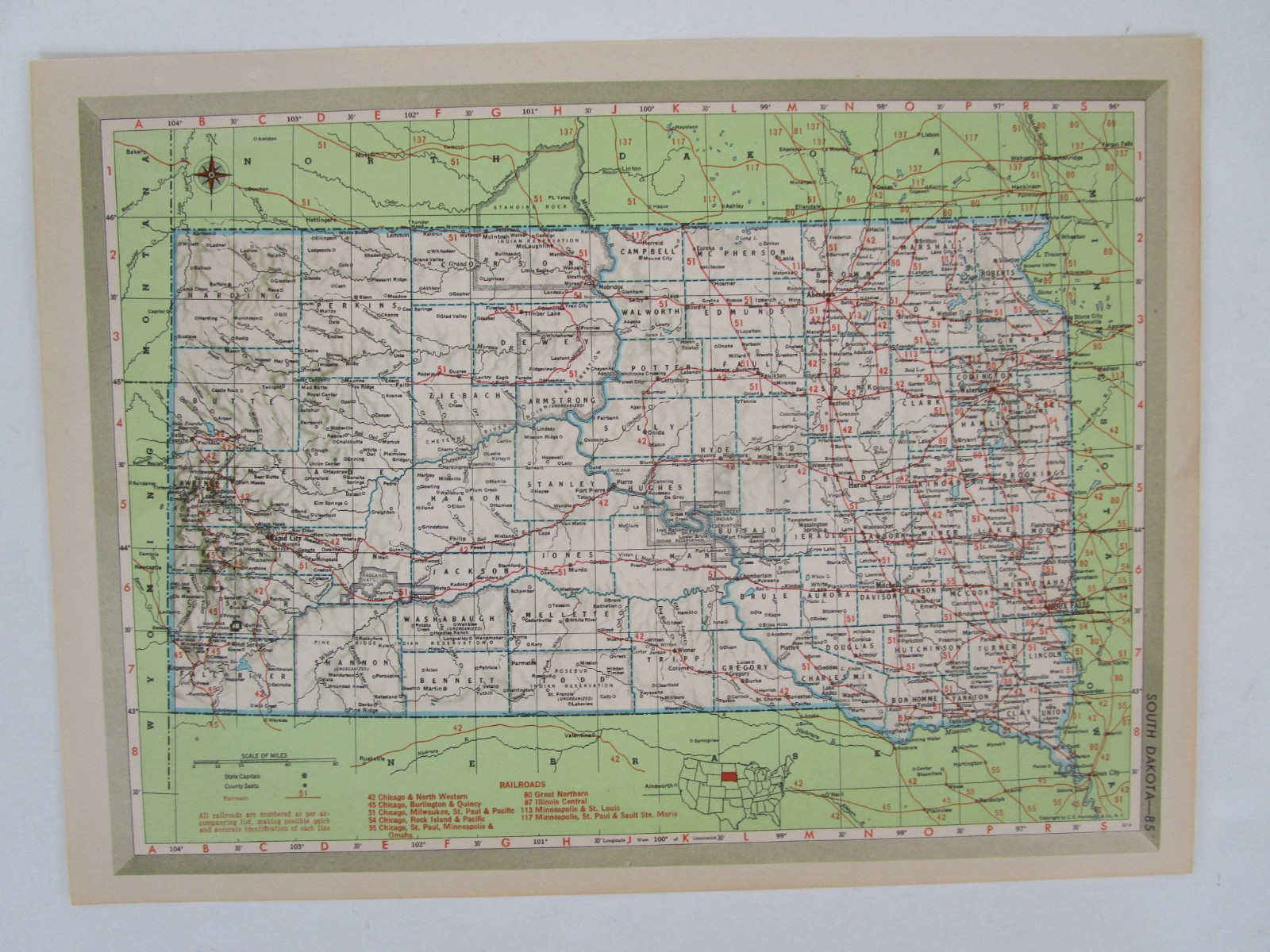 SD TN Vtg 1950 SOUTH DAKOTA RAILROAD Map. CB&Q, C&NW, SOO, GN, IC or TENNESSEE