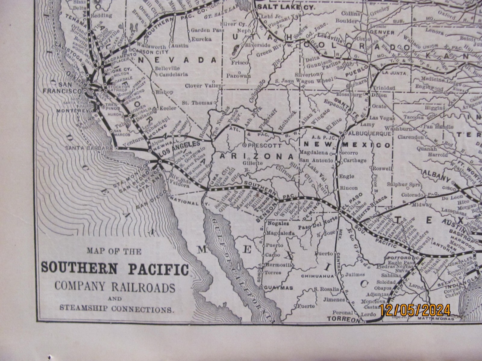 1890 SOUTHERN PACIFIC RAILROAD ORIGINAL SYSTEM ROUTE MAP in LA TEXAS NM AZ CA OR