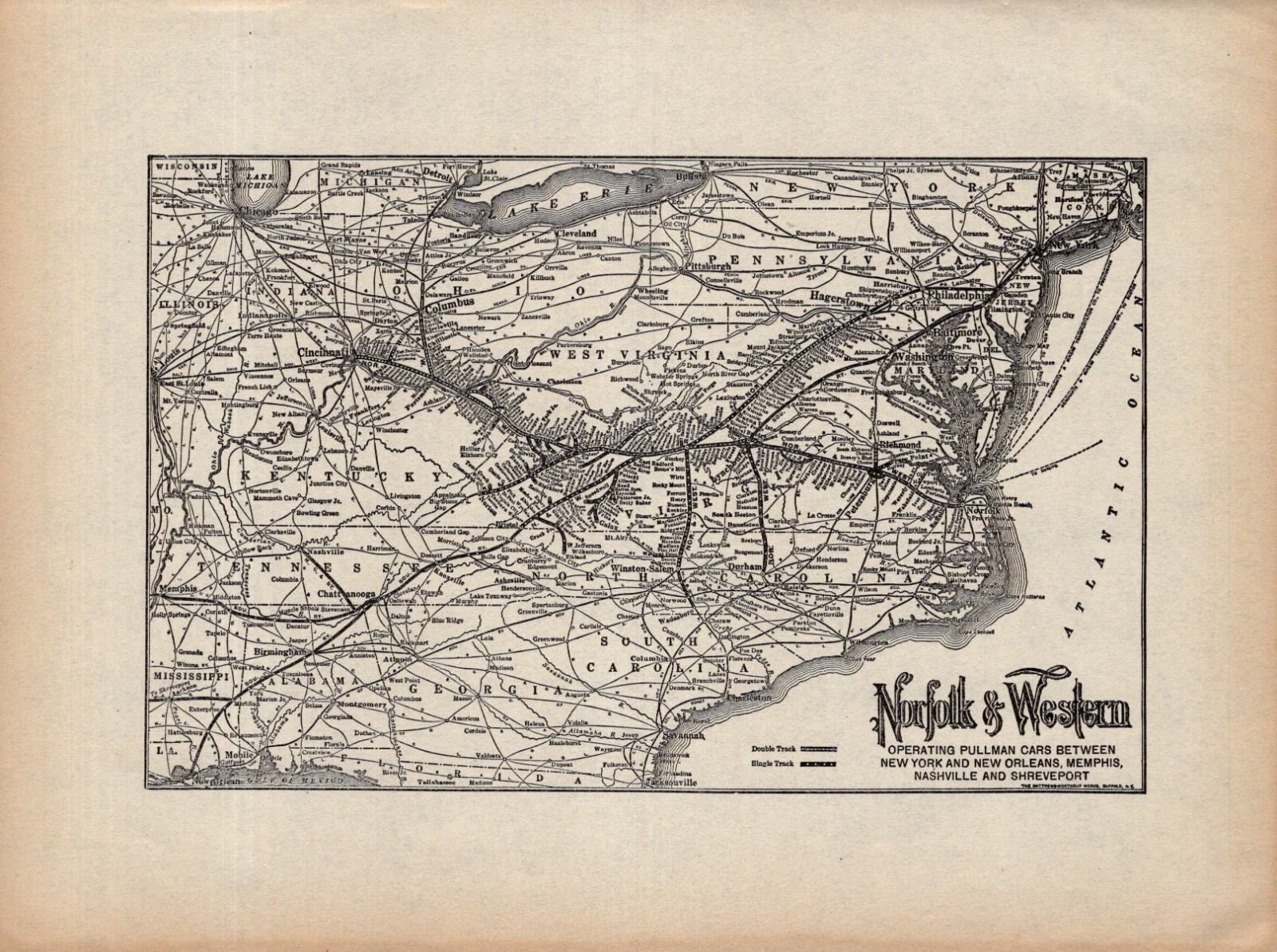 1929 Antique NORFOLK and WESTERN Railway Map Vintage Railroad Map 2540