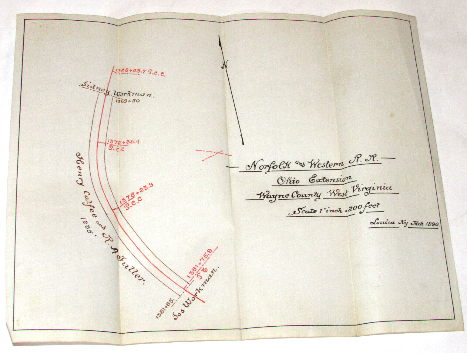 VTG 1890 NORFOLK & WESTERN RAILWAY MAP! OHIO EXTENSION WAYNE COUNTY, WV! 11×9″!