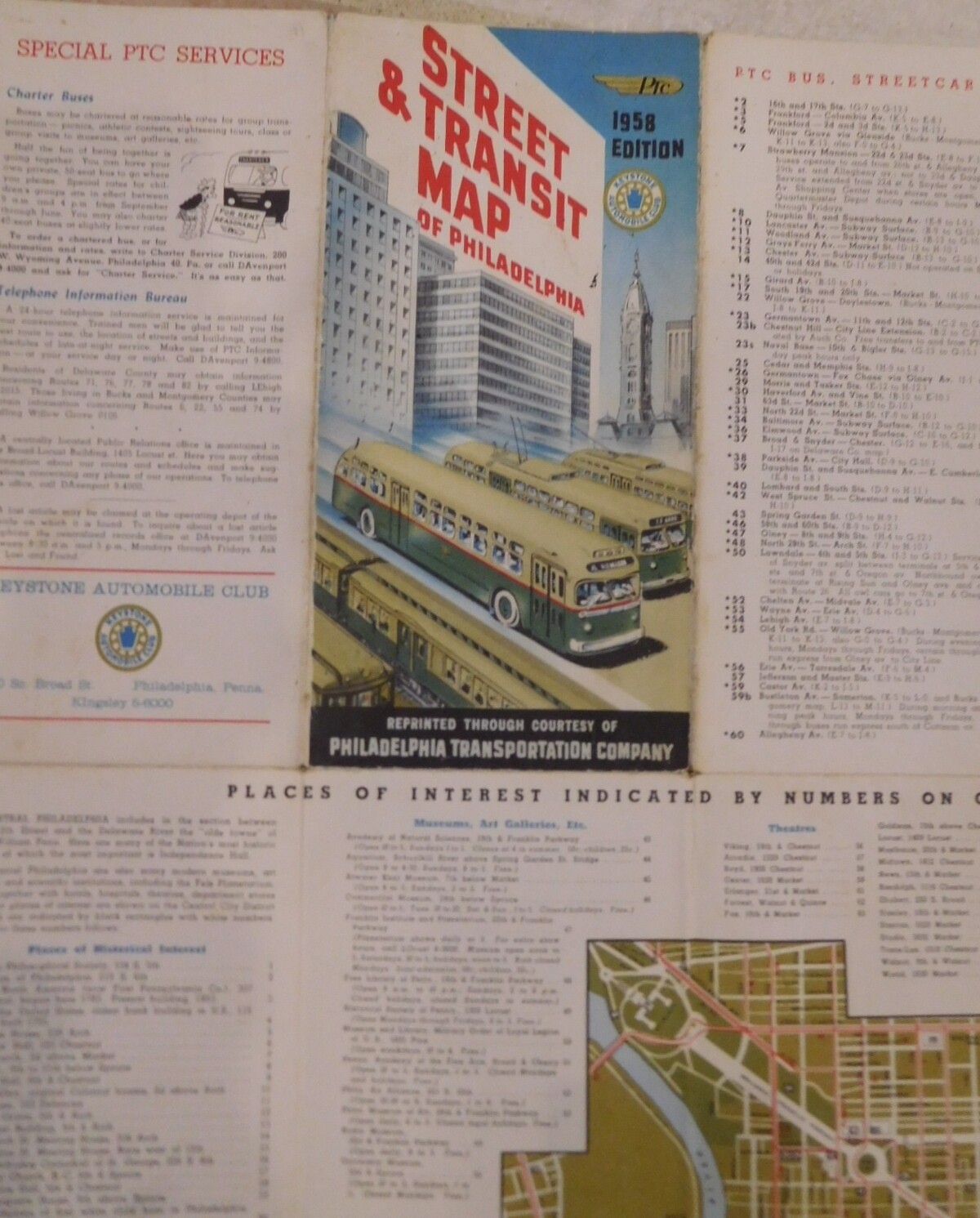 Map Keystone Auto Club PTC Street & Transit Map of Philadelphia 1958
