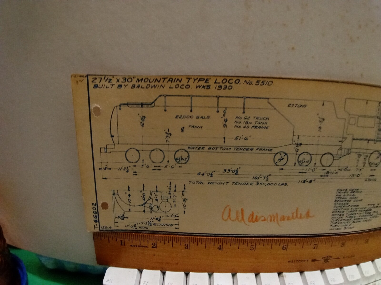 BALTIMORE & OHIO RAILROAD ORIG BLUEPRINT DIAGRAM CLASS T-1 4-8-2 LOCOMOTIVE 5510