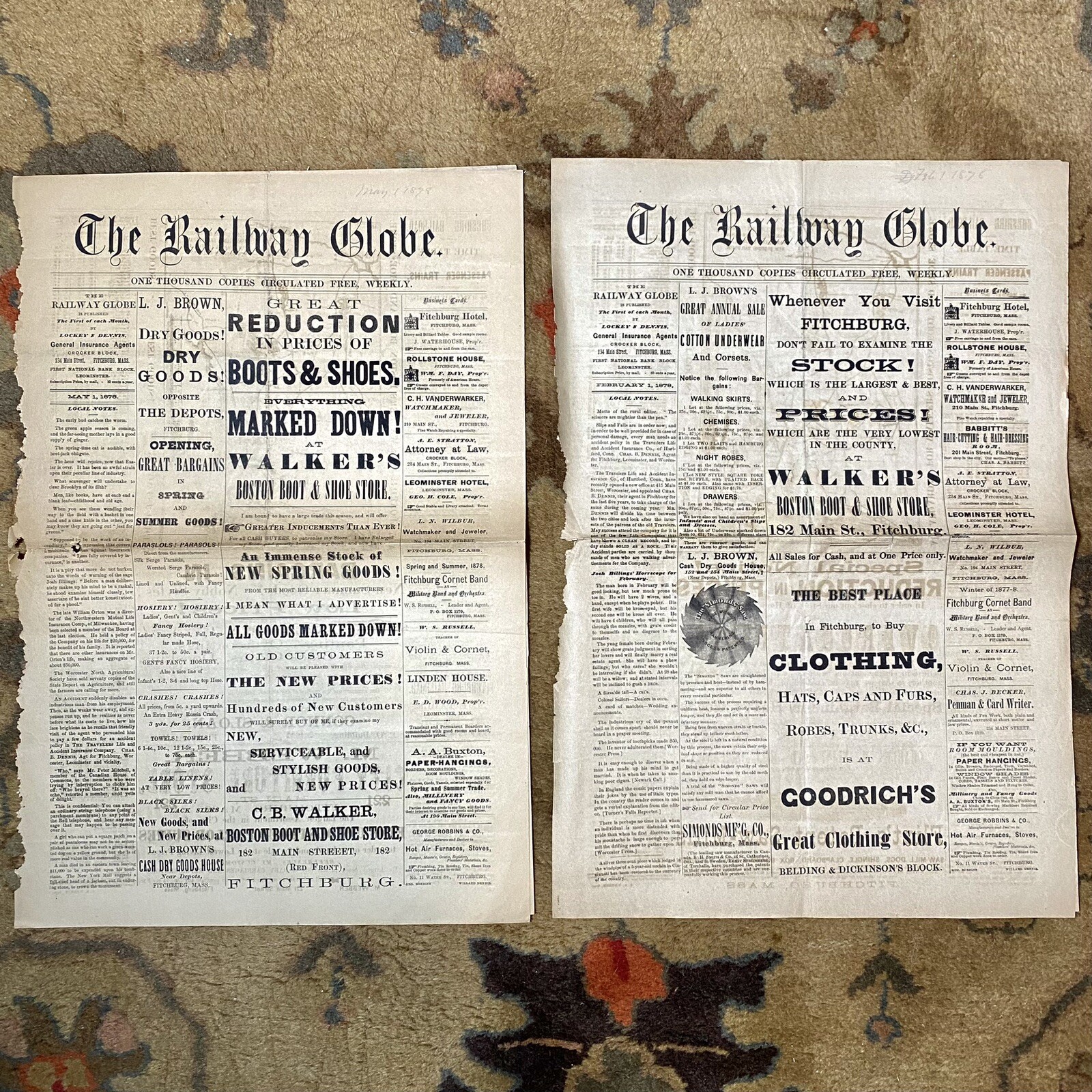 Antique 1878 The Railway Globe Newspapers Lot Fitchburg MA Old 1870’s Train Map