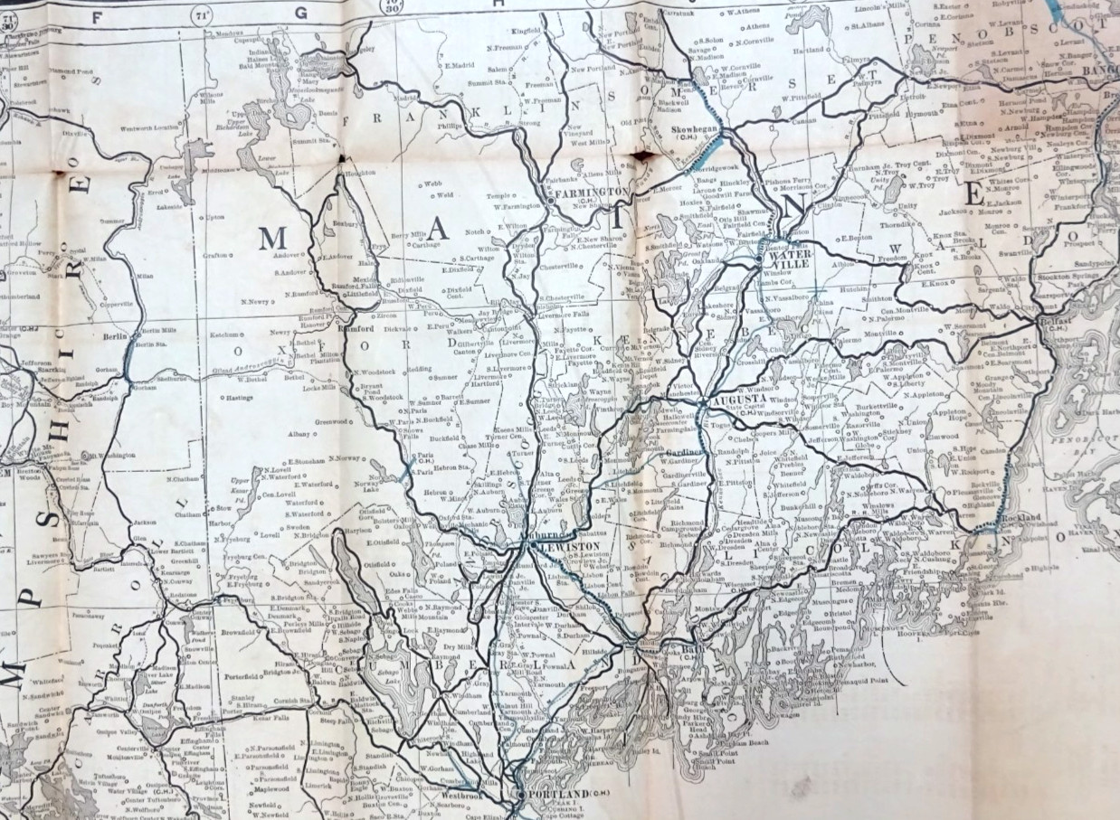 1913 FOLDING RAILROAD MAP NEW ENGLAND COMMERCIAL ROUTE SURVEY 45″x34″ BULLARD Co
