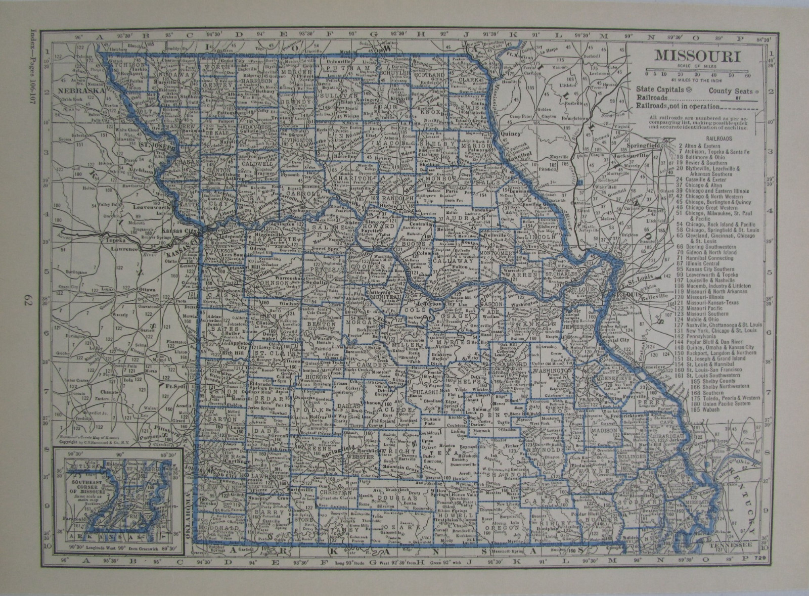 MO MS Vtg 1933 MISSOURI Map DEERING SOUTHWESTERN or MISSISSIPPI. PEARL RIVER VAL