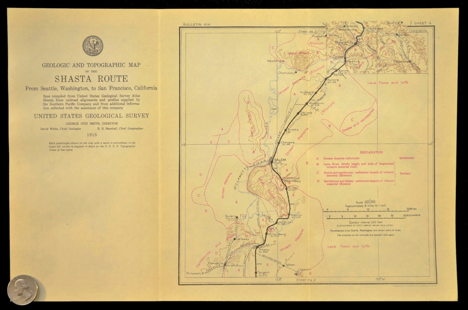 1915 Antique Southern Pacific Railroad Map Salem Oregon City Woodburn Geological