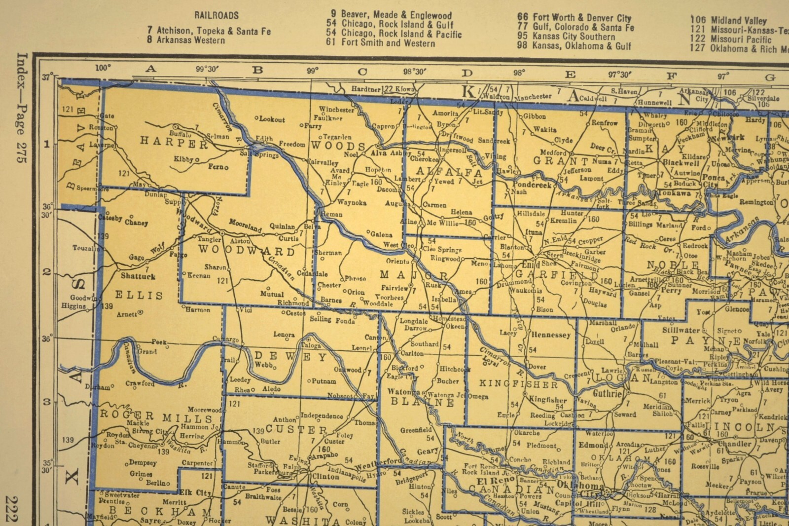 ca1938 OKLAHOMA Railroad Map Depot Towns AT&SF RR Historic Original Atlas Map