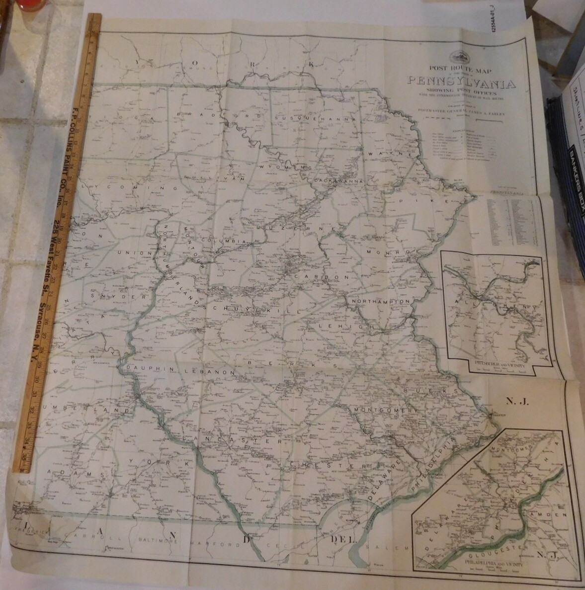 Map Pennsylvania Showing Post Offices 1933 w Railroads, Electic Rr, RR stations