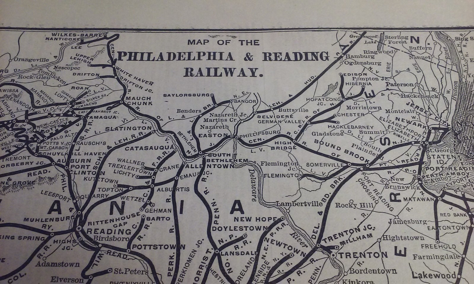 Rare 1903 Railroad Map of The Philadelphia & Reading Railway Routes &Connections