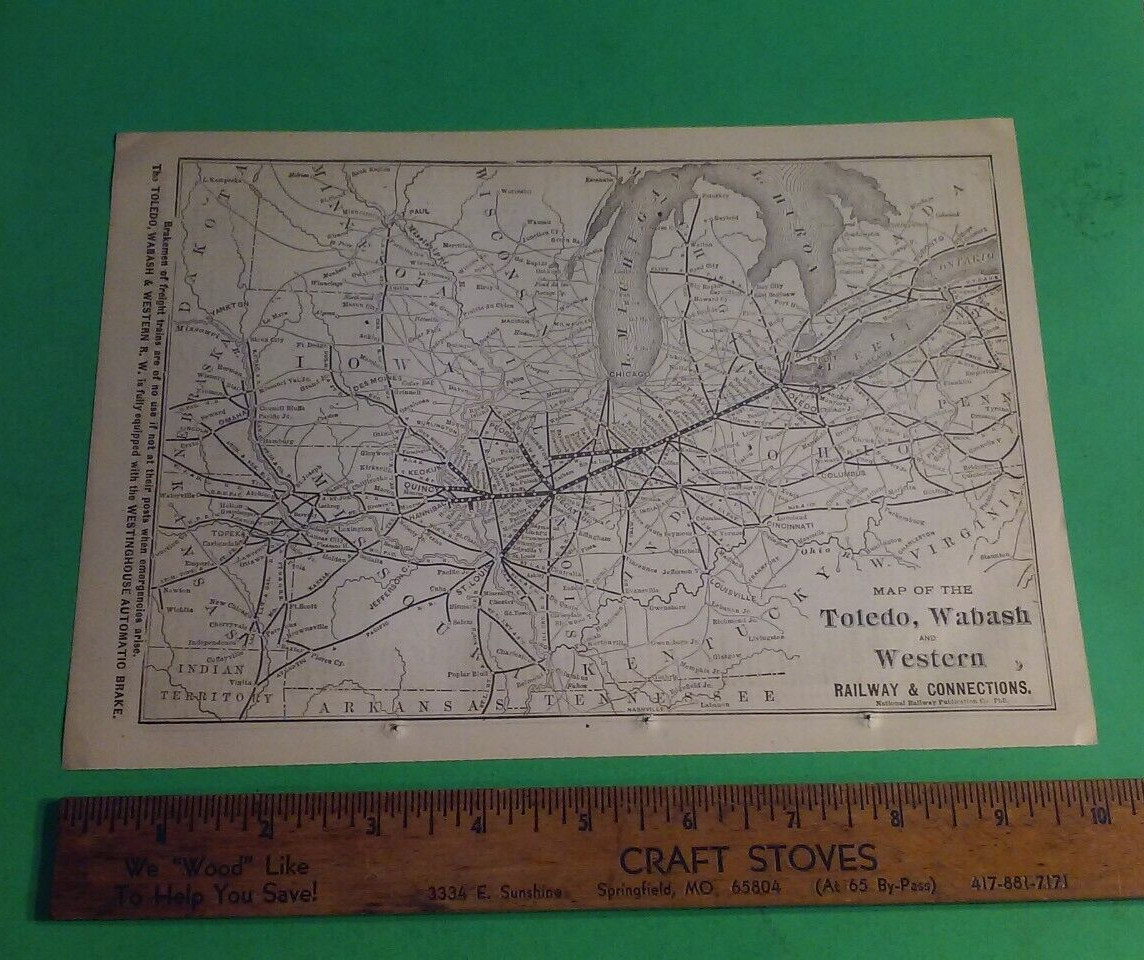 Rare 1876 TOLEDO, WABASH & WESTERN Railway RxR Routes & Connections Print Map