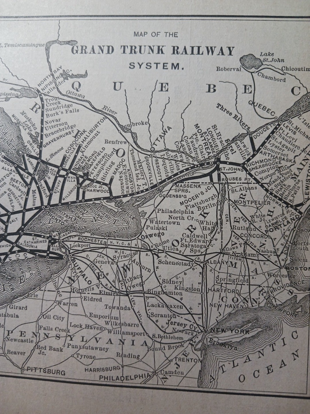 ~1898 ANTIQUE Railroad Map GRAND TRUNK RAILWAY SYSEM Canada Quebec Ontario Train