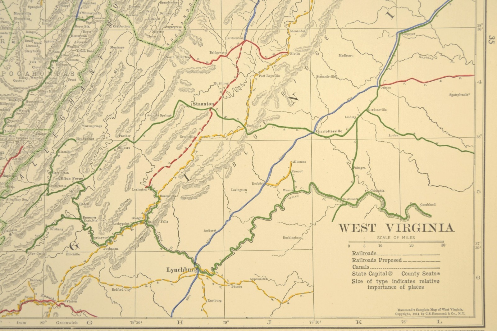 1914 Antique Map of WEST VIRGINIA Railroads Map ORIGINAL Atlas Map B&O RR DATED
