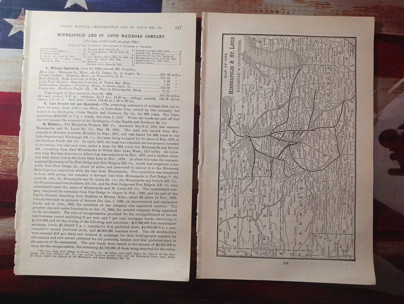 1905 Train Route Map + Report Minneapolis & St Louis Railroad Kalo Angus Iowa