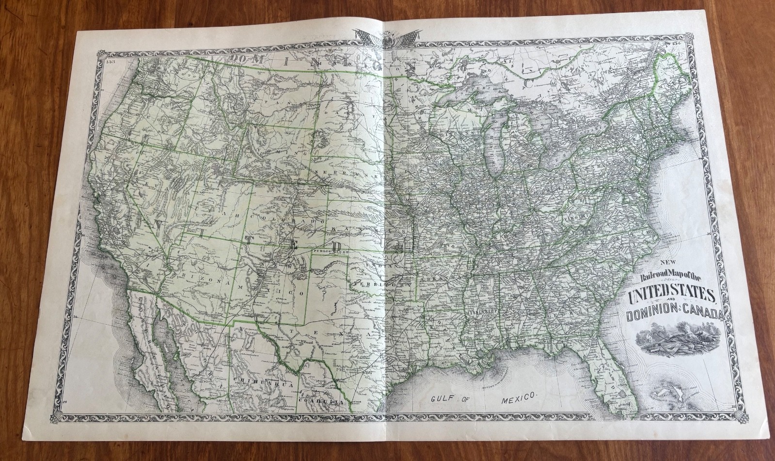 1876 RAILROAD MAP UNITED STATES & DOMINION OF CANADA WARNER & BEERS INDIAN TERR.