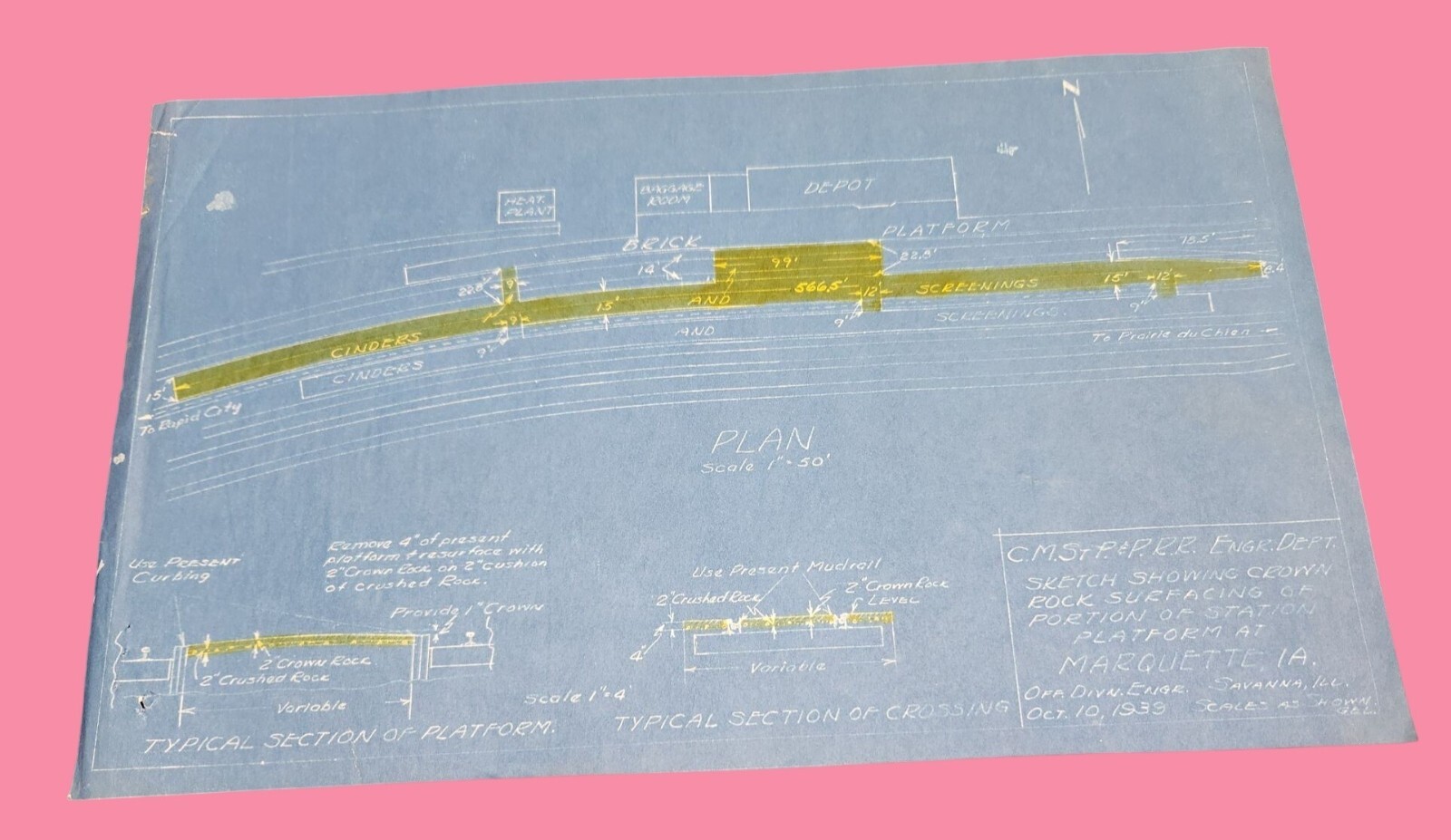 CMSTP&P RR Engr. Dept. 1939 Blueprint Sketch Of Stat Platform Rock Marquette IA