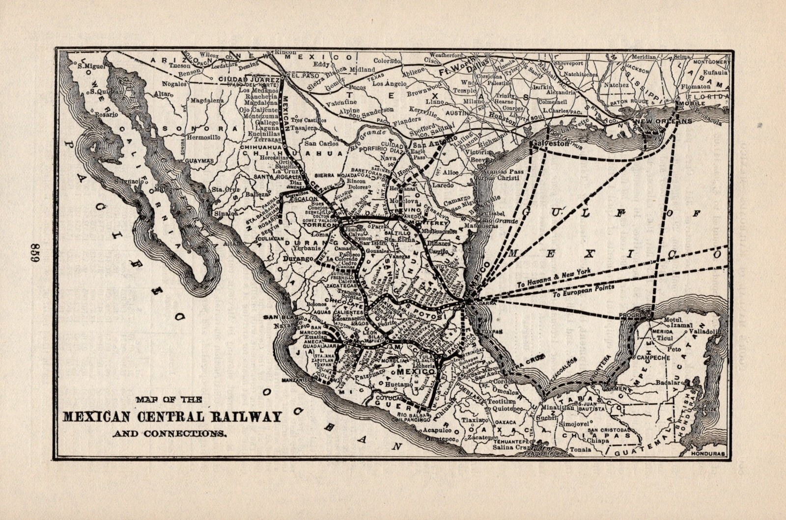 1903 Antique Mexican Central Railway Map Vintage Mexico Railroad Map 2279