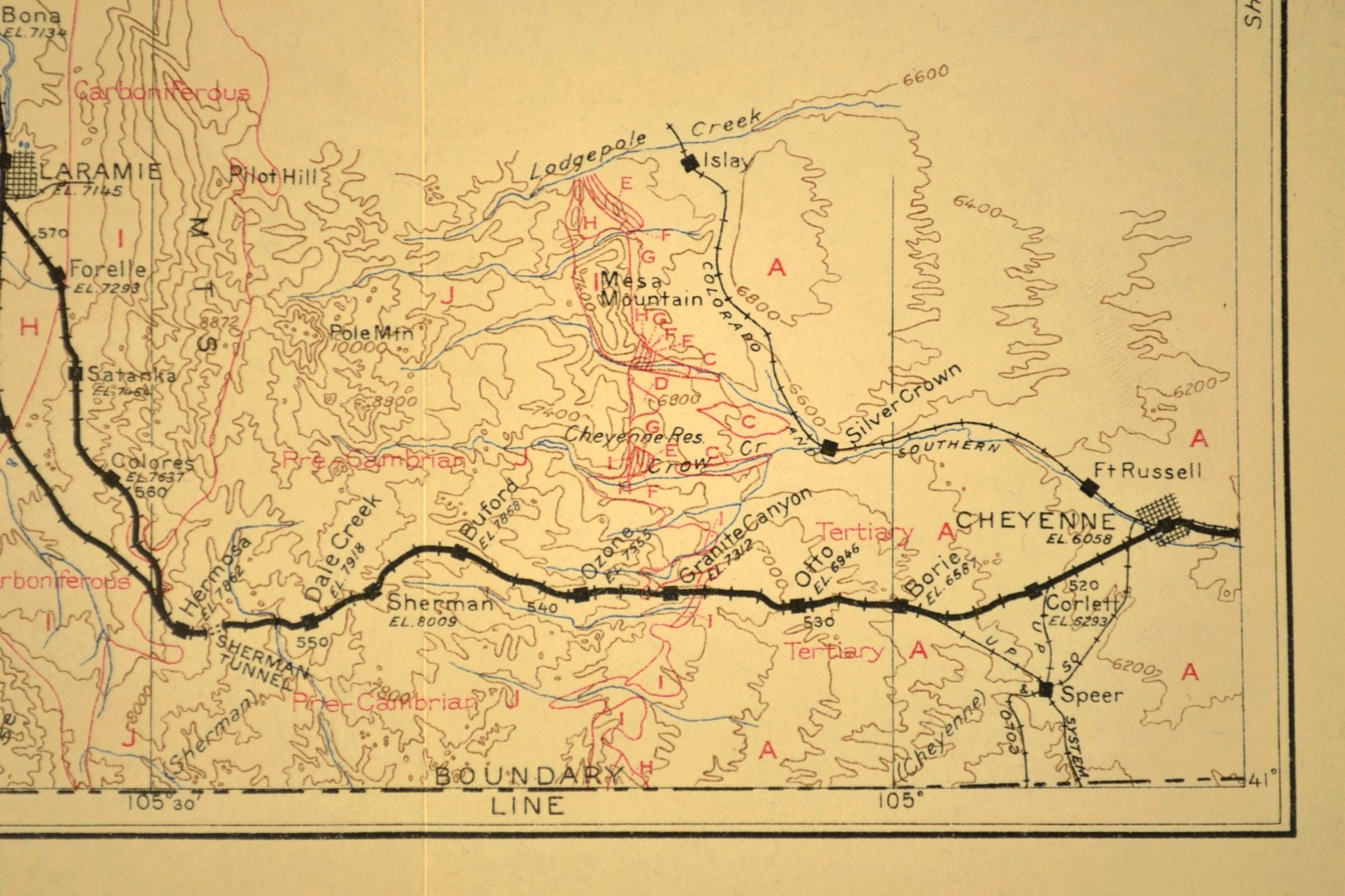 Antique Union Pacific Railroad Map Cheyenne Reservation Laramie Wyoming Pole Mtn