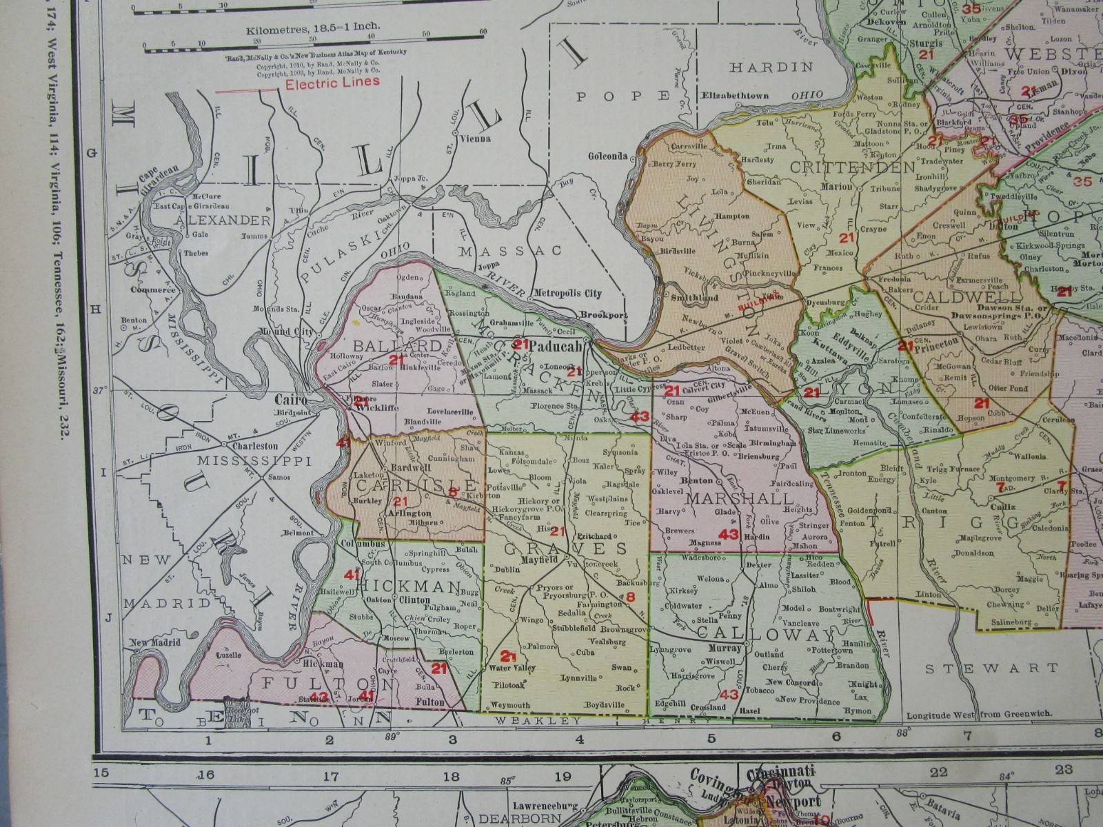 KY 1903, 1910 DATED KENTUCKY RAILROAD Map. McNally Business. INTERURBAN ELCTRIC