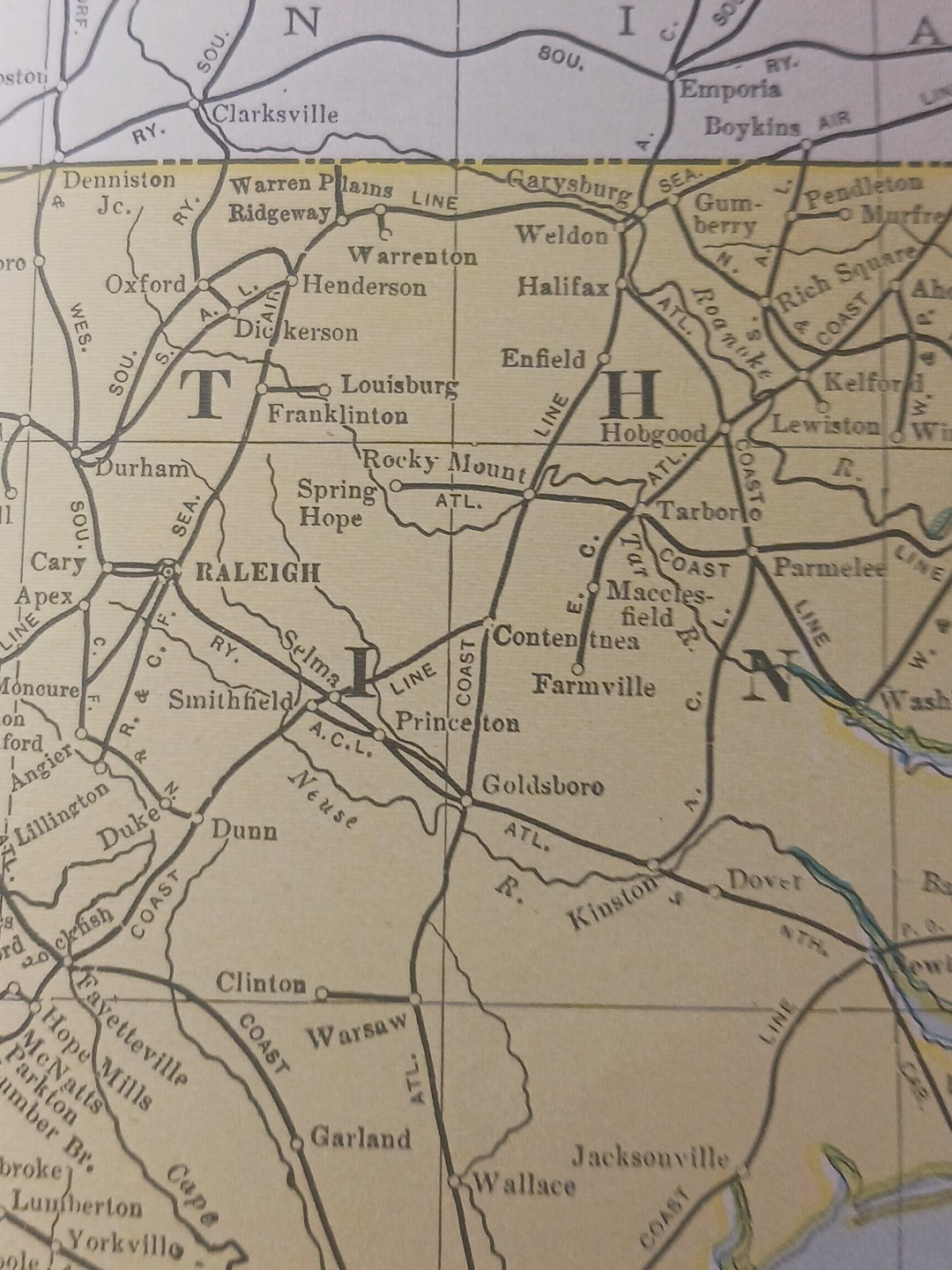 1905 Train Route Map North & South Carolina ALL old Railroad Lines Towns 11×9″