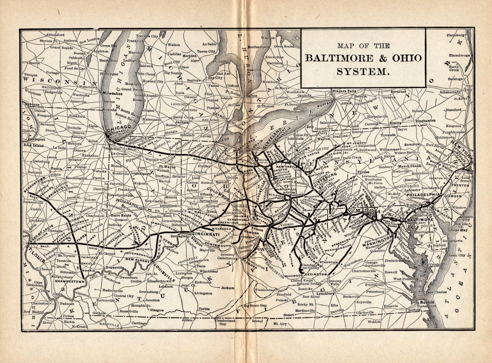 1910 Antique Baltimore & Ohio Railroad Map Vintage B & O Railway Map 2205