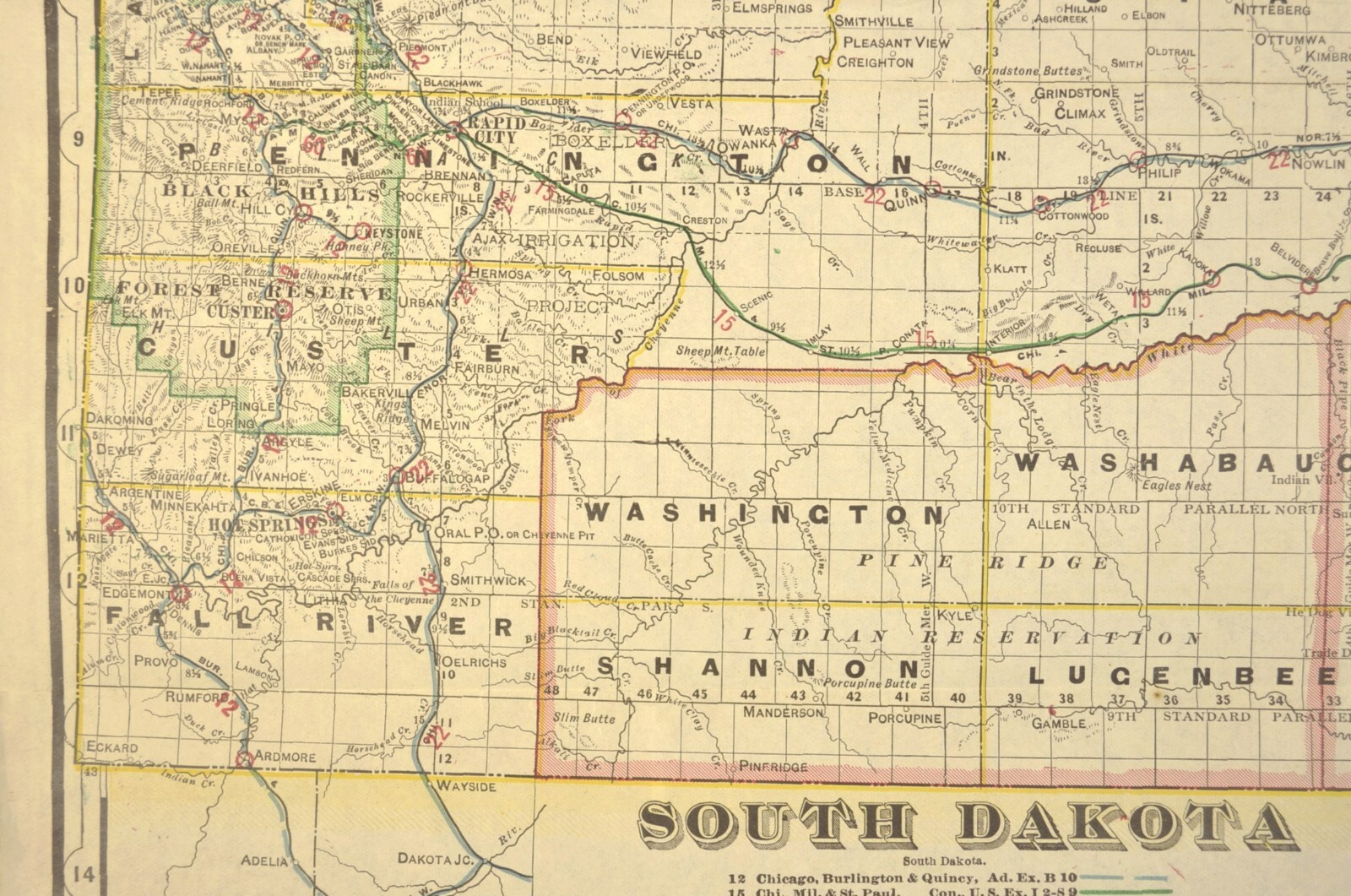 ca 1905 South Dakota Railroad Map Yankton & Western RR Wyoming & Missouri River
