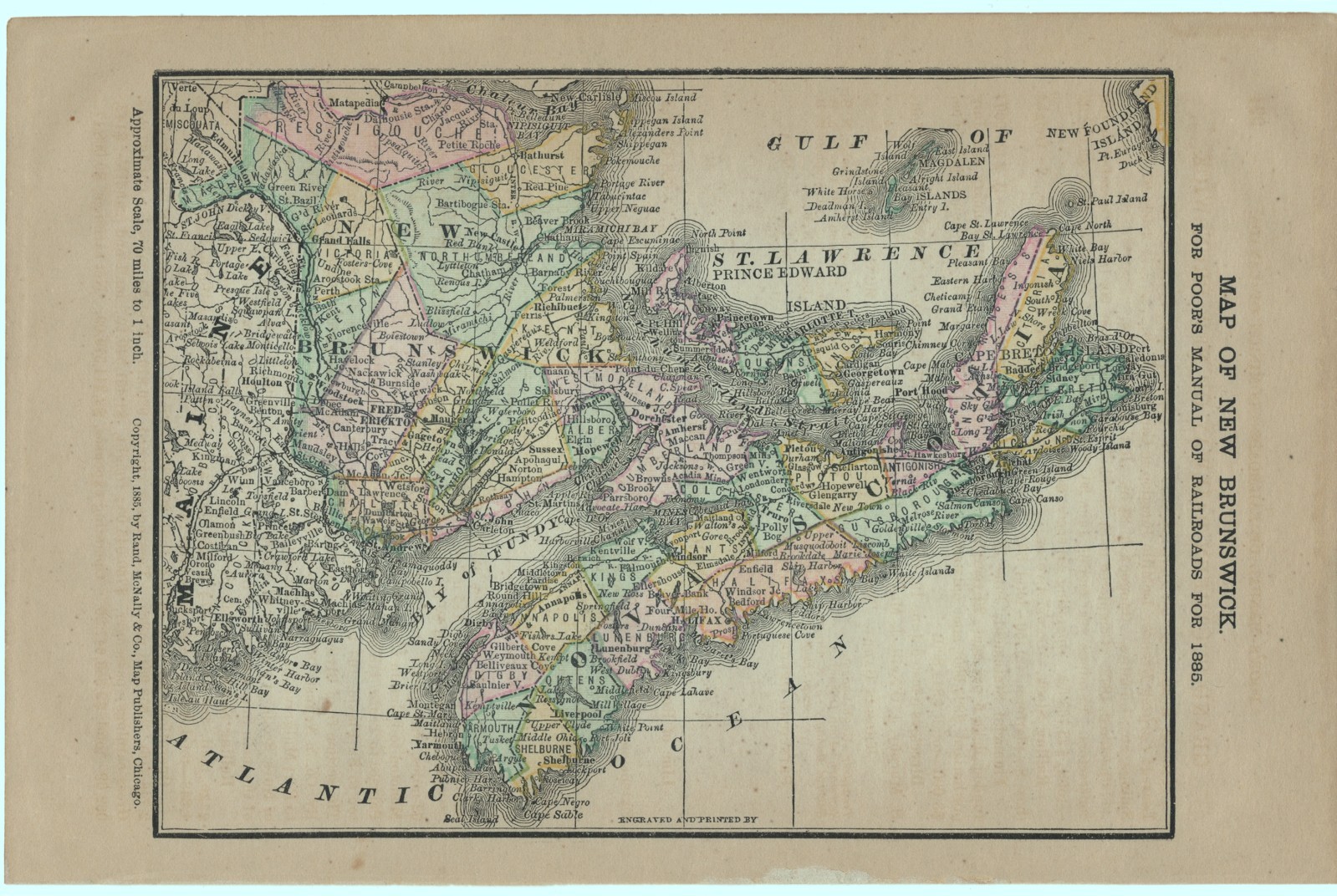 Original 1885 Railroad Map of New Brunswick, Canada by Rand McNally. Antique