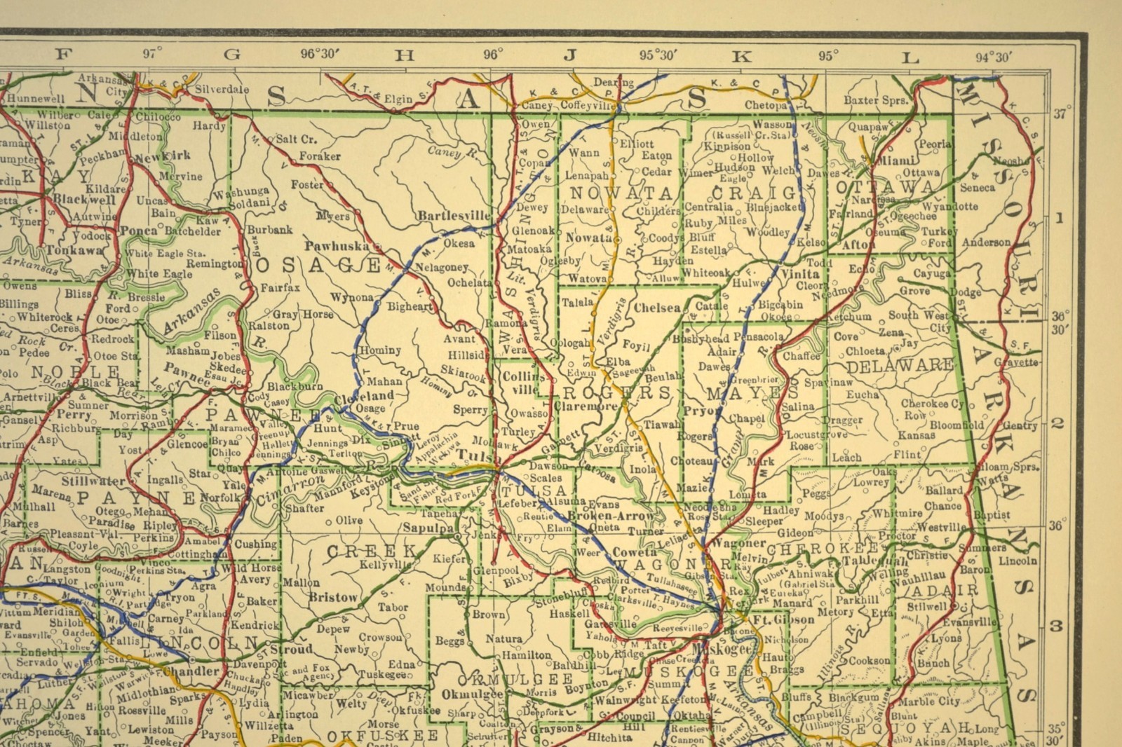 1914 Antique Map of OKLAHOMA Railroads Map ORIGINAL Atlas Map CRI&P RR DATED