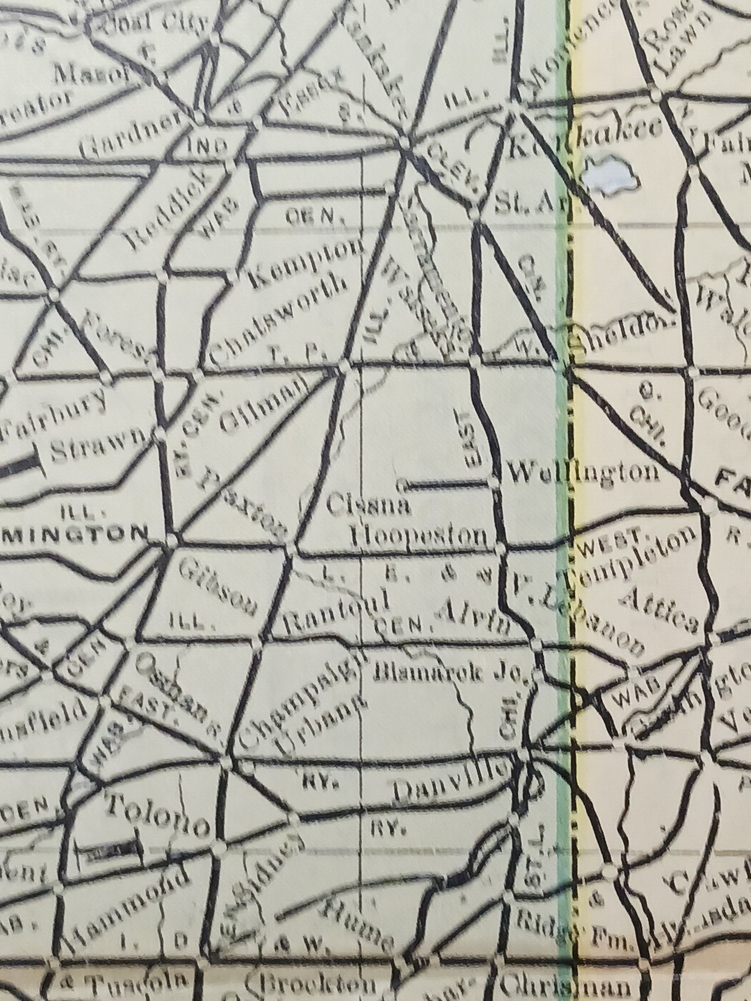 1891 Antique Railroad Map ILLINOIS & INDIANA all Train Route lines Depots 11×9″