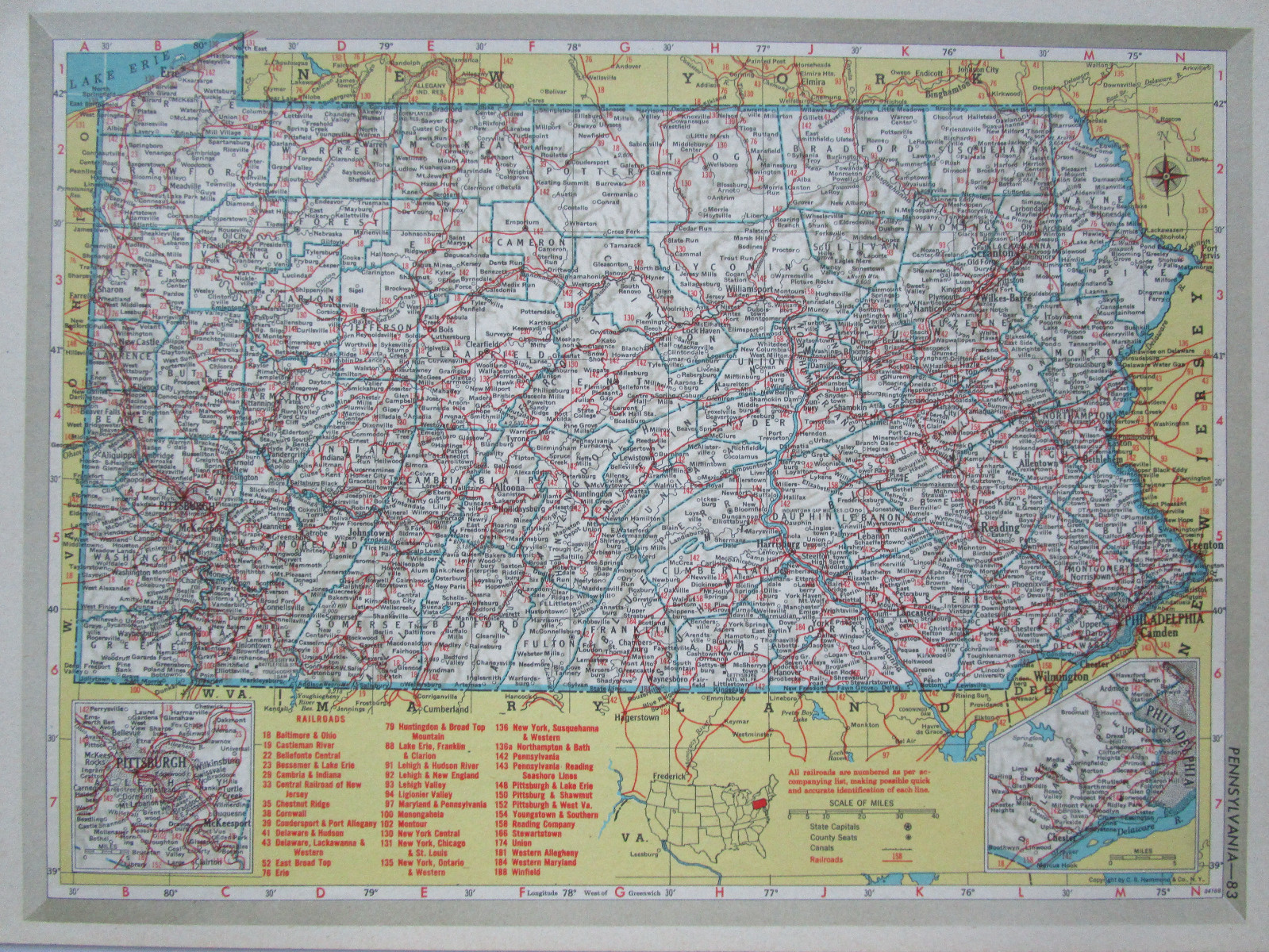 SC PA Vtg 1951 SOUTH CAROLINA RAILROAD MAP. PENNSYLVANIA 1950s Mid Century RR