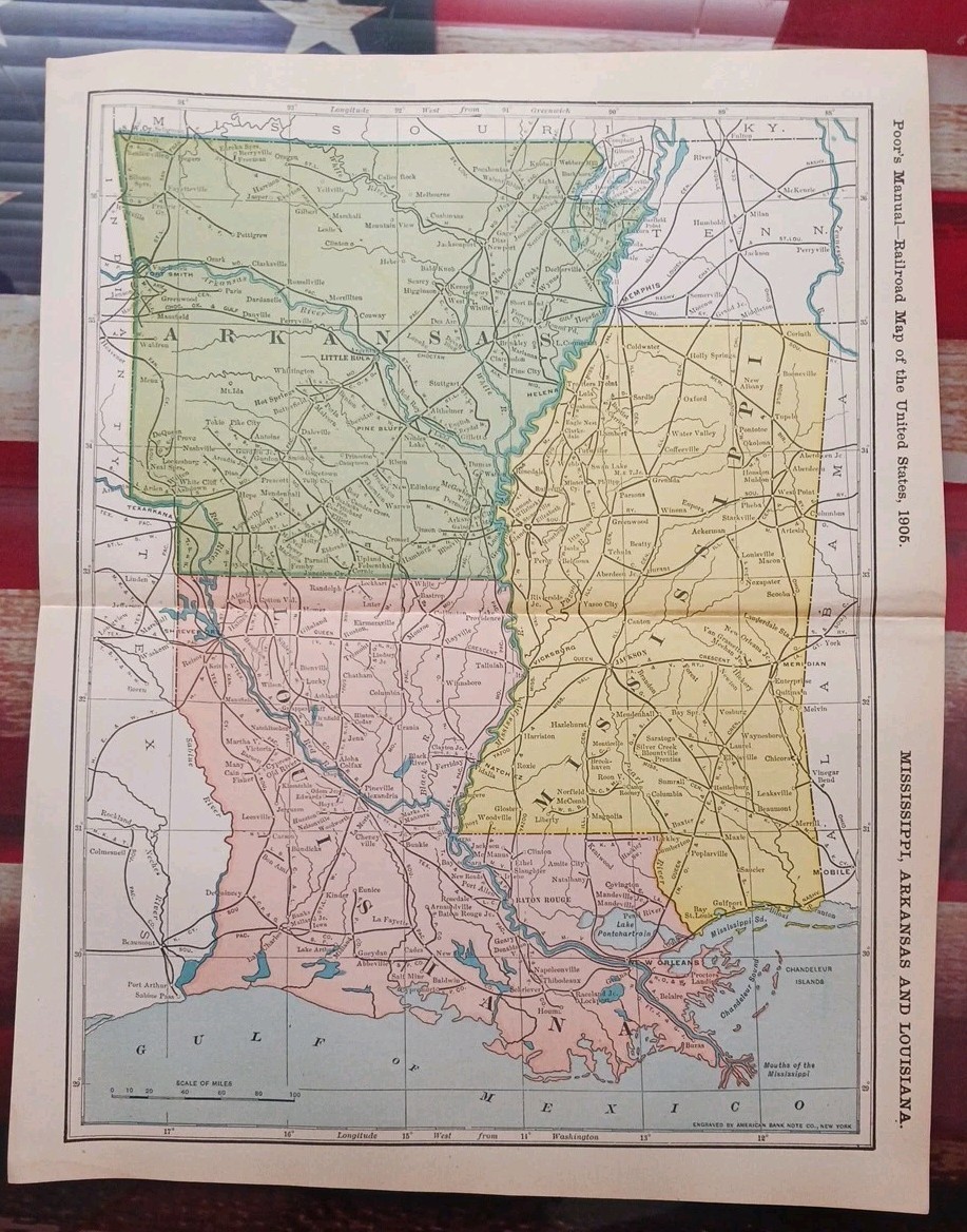1905 Train Route Map Mississippi Arkansas Louisiana all Railroad Lines 11″x9″