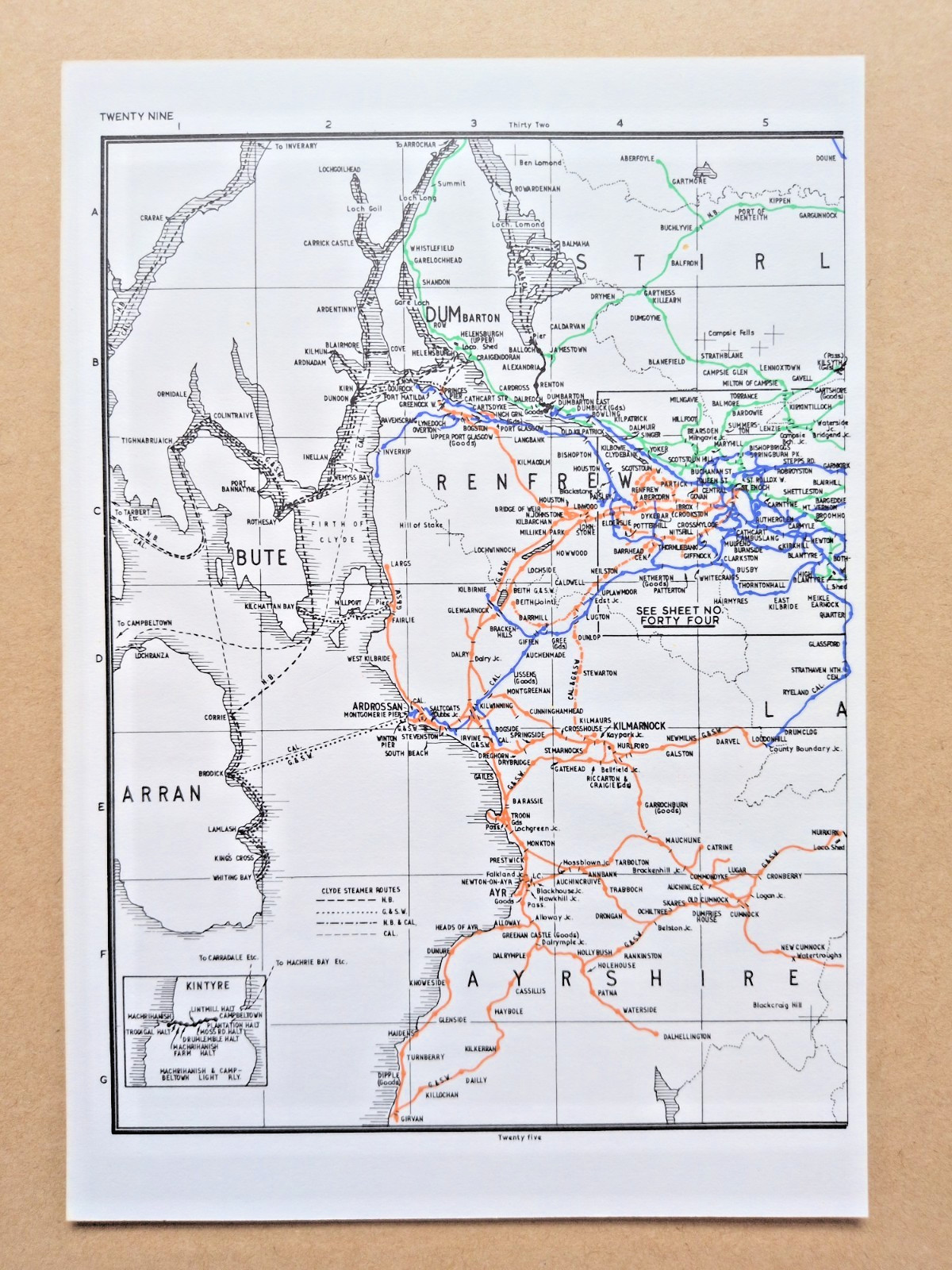 Vintage 1972 map showing Pre Grouping Rail Lines of Ayrshire