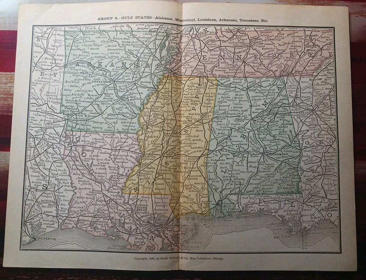 1886 Train Route Map Alabama Louisiana Mississippi TN AR Railroad Lines 9″x 11″