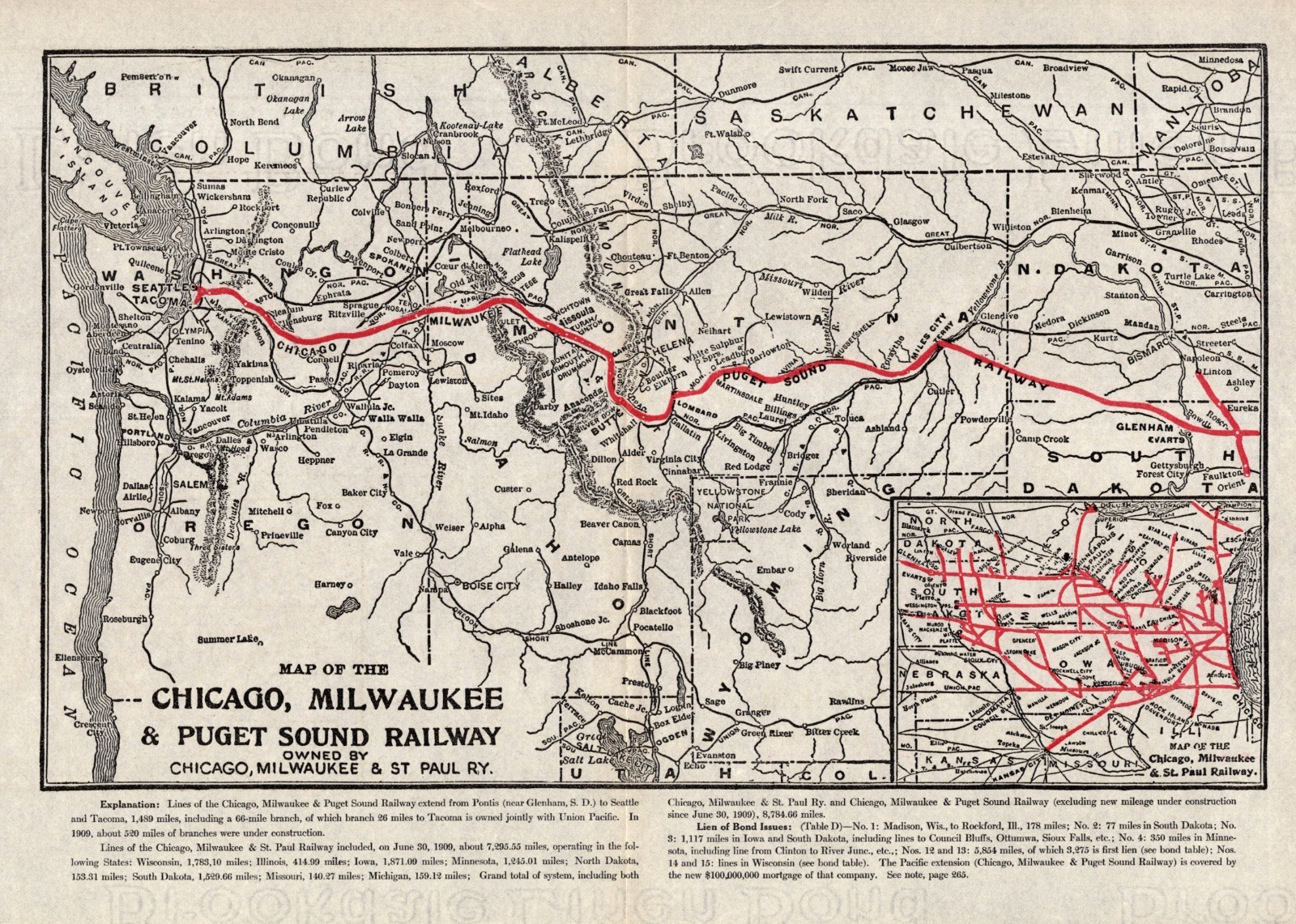 1910 Antique Chicago Milwaukee & Puget Sound Railway Map Railroad Map 2656