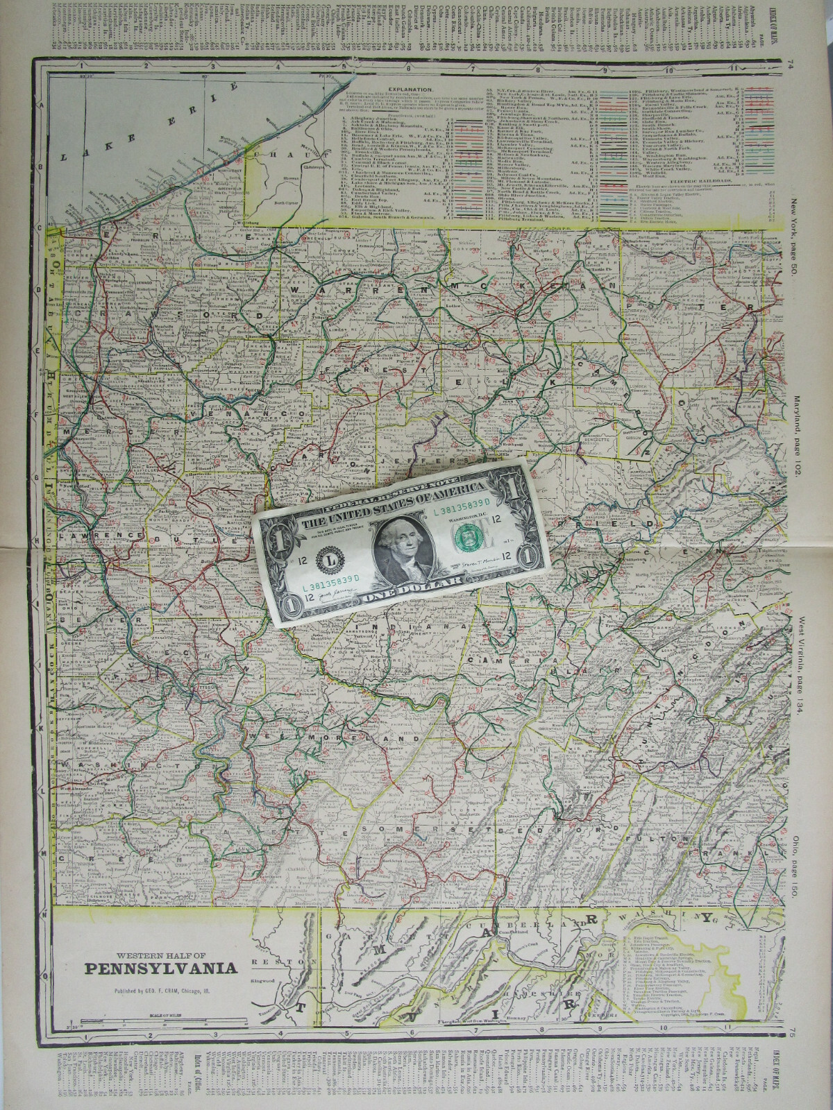 PA 1903 WESTERN PENNSYLVANIA Cram STEAM / INTERURBAN ELECTRIC RAILROAD Map