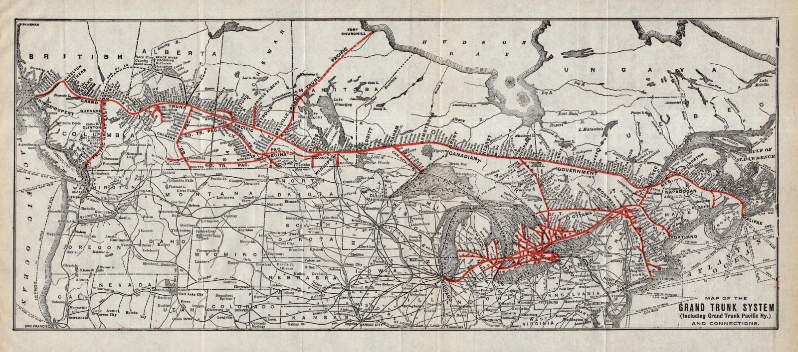 1918 Antique GRAND TRUNK System Railway Map Grand Trunk Pacific Railroad 3049