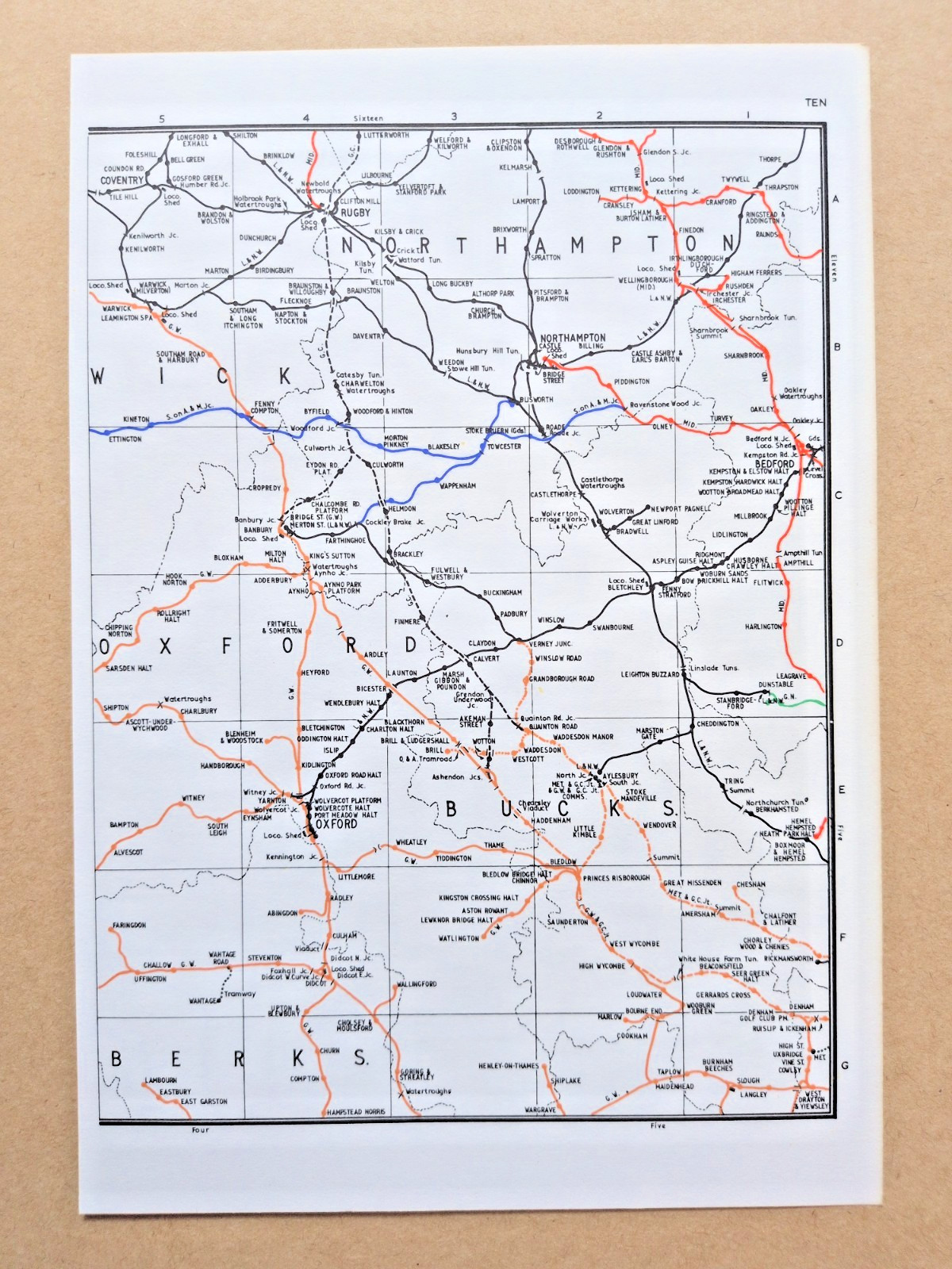Vintage 1972 map showing Pre Grouping Rail Lines of Oxfordshire and Bucks
