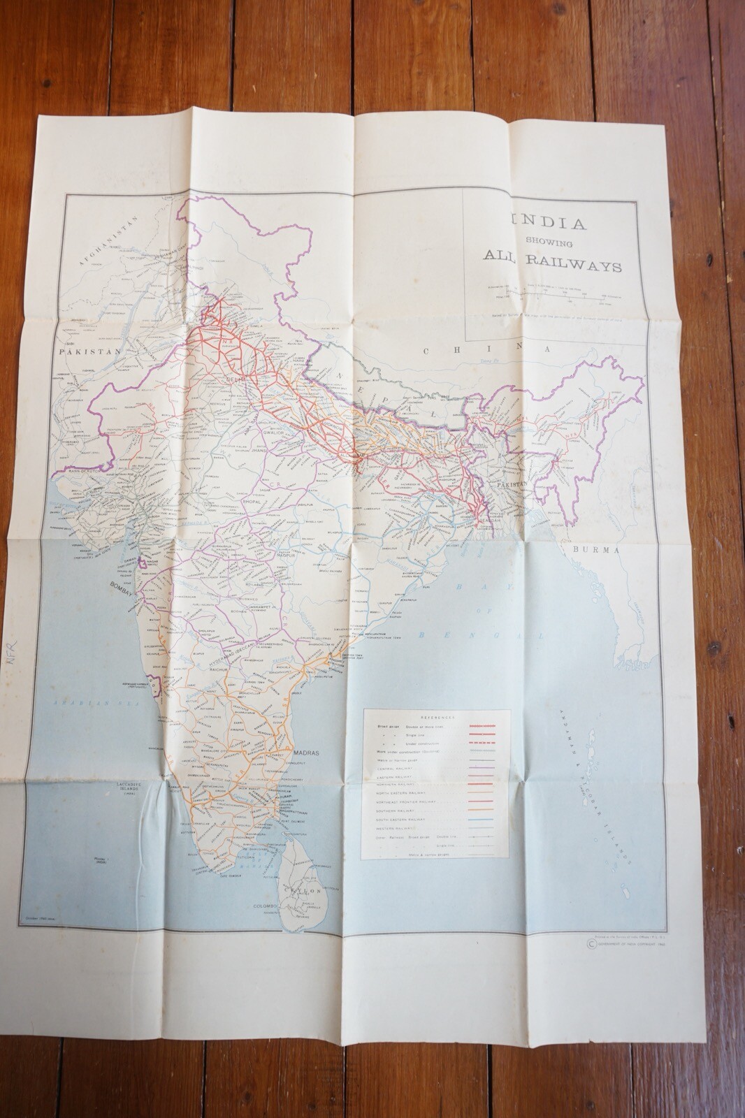 1960 India Large Railway Map Indian Double Sided