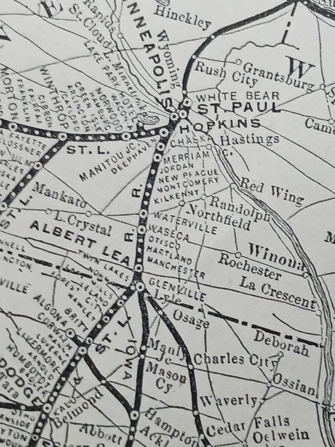 ~1904 Train Route Map MINNEAPOLIS & ST LOUIS RAILROAD antique Railway stations