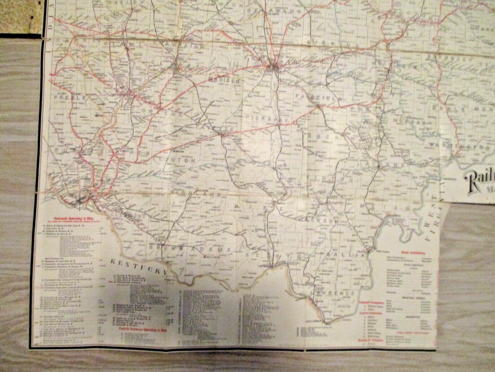 Ohio Railway map linen backing vintage 1905 train transportation collectible